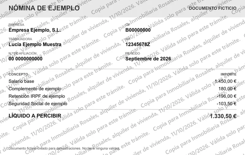 Nómina ficticia en blanco y negro con una marca de agua diagonal que se lee: Copia para Inmobiliaria Rosales, alquiler de vivienda, 11/10/2026. Válida solo para este trámite.